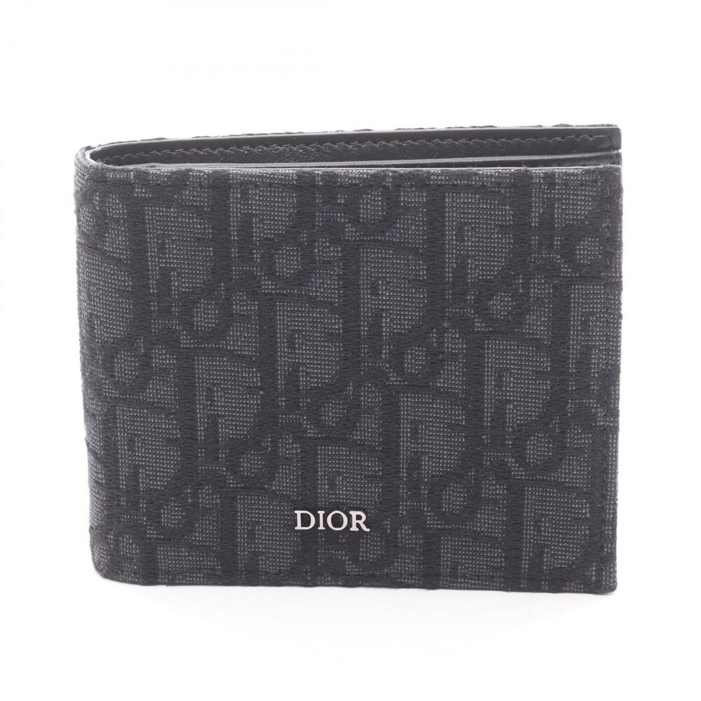 Christian Dior Oblique Jacquard Bifold Wallet Canvas Leather Black